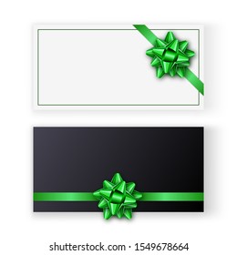 Set of horizontal black and white greeting card with a green tied bow and realistic shadow. Copy space. Anniversary, birthday, invitation, banner, poster, flyer, promotion template design. Vector
