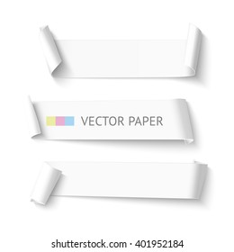 Set of horizontal blank white curved paper ribbon banner. Realistic vector template curved paper isolated on white background