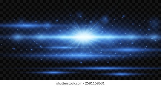 Set of horizontal blue highlights. Vector horizontal rays of light on a transparent background.