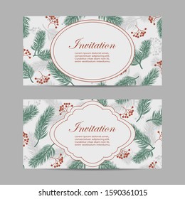 Set of horizontal bnners with rowan berries and fir branches. Vector illustration on beige background.