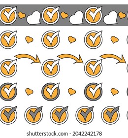 Set of horizontal borders with check mark in circle and heart. vector illustration