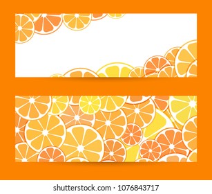Set horizontal bright banner with empty place for text. Vector illustration of sliced halves of citrus fruits oranges and tangerines. Design background for business projects brochure, layout, flyer.