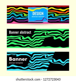 Set Horizontal bright summer banners with blue, green and rainbow waves on dark background. Design abstract web banners. Universal template for a web site with text. 