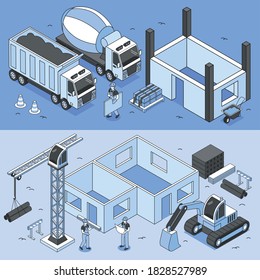 Set of horizontal builders banners with isometric images of construction site materials machinery and human characters vector illustration