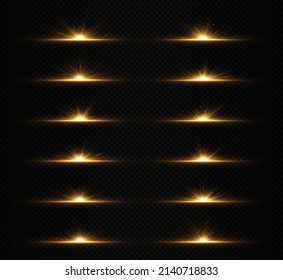 A set of horizontal bursts of exploding stars. Bright light rays. Set of flares, lights and sparks.