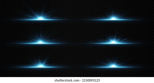 A set of horizontal bursts of exploding stars. Bright blue light rays. Set of flares, lights and sparks.