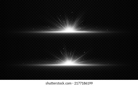 A set of horizontal bursts of exploding stars. Bright light rays. Set of flares, lights and sparks.