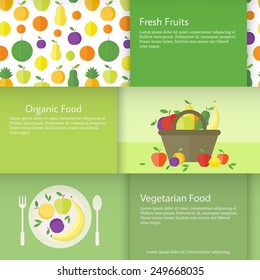 Set of horizontal business cards with a basket and a plate with fruits. Flat vector illustration