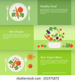 Set of horizontal business cards with a plate and a pan with vegetables on a table in the kitchen. Flat vector illustration