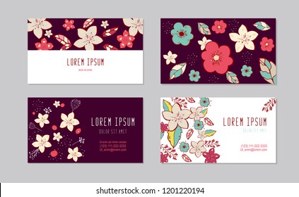 Set of horizontal business visiting cards temlpates. Vintage pattern in modern style with doodle flower. Vector botanical horizontal banners.