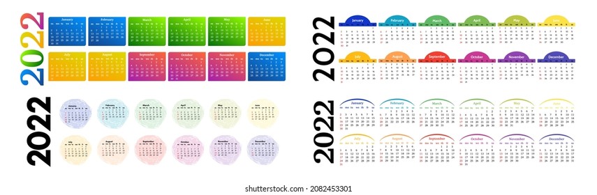 Set of horizontal calendars for 2022 isolated on a white background. Sunday to Monday, business template. Vector illustration