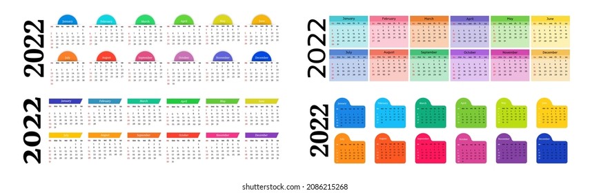 Set of horizontal calendars for 2022 isolated on a white background. Sunday to Monday, business template. Vector illustration
