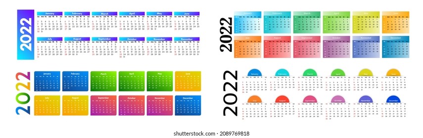 Set of horizontal calendars for 2022 isolated on a white background. Sunday to Monday, business template. Vector illustration