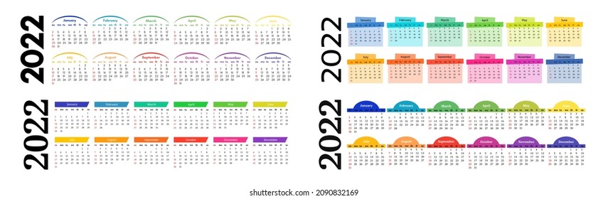Set of horizontal calendars for 2022 isolated on a white background. Sunday to Monday, business template. Vector illustration