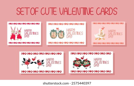 Set of horizontal cards with cartoon hedgehogs, geese, bullfinches and rabbits in love and the inscription happy valentine's day for the design of cards, banners, invitations