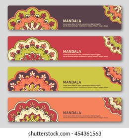 Set of horizontal cards with hand drawn mandala. Oriental style, vintage decorative elements. Vector illustration.