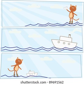 set of horizontal cards with a kitten who lets boats