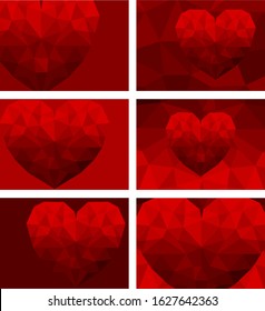 Set of horizontal cards for valentines day. Passion red heart made of shattered glass.  Vector illustration for design, cards, banners, flyers.
