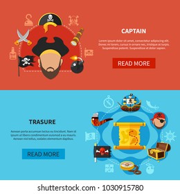 Set of horizontal cartoon banners with pirate captain, treasure map with chest of gold isolated vector illustration  