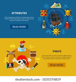 Set of horizontal cartoon banners with pirate attributes including ship, flag, treasure chest, guns isolated vector illustration