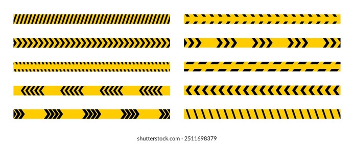 Conjunto de cintas de precaución Horizontales con barras diagonales negras y amarillas o estampado de chevron. Fronteras de seguridad en zona de trabajo de construcción, zona de cuarentena o escenario criminal. Señales de alto. Ilustración vectorial.