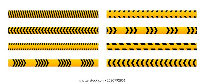 Conjunto de cintas de precaución Horizontales con barras diagonales negras y naranjas o estampado de chevron. Fronteras prohibidas en zona de construcción o zona de trabajo vial. Señales de restricción o de parada. Ilustración plana de Vector.