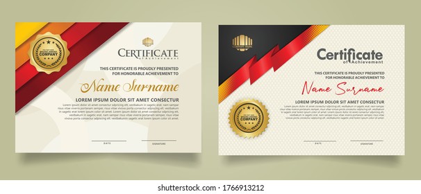 Set horizontal certificate template with ribbon stripes ornament and modern texture pattern background. Diploma. Vector illustration for other users