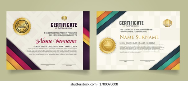 Set horizontal certificate template with ribbon stripes ornament and modern texture pattern background. Diploma. Vector illustration for other users