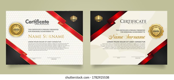 Set horizontal certificate template with ribbon stripes ornament and modern texture pattern background. Diploma. Vector illustration for other users