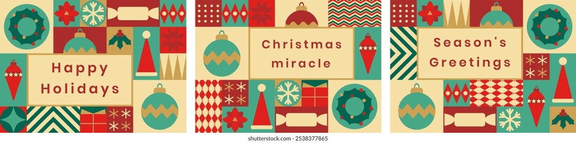 Set aus horizontalen Weihnachtshintergründen aus geometrischen Kacheln. Weihnachtswunder. Frohe Feiertage. Saisonale Begrüßung. Moderner, minimalistischer Stil. Festlicher Hintergrund für Grußkarte, Poster