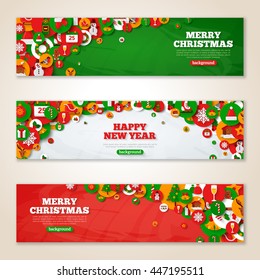 Set of horizontal Christmas banners with flat holiday icons in circles. Vector illustration. New Year concept. Season Greetings.