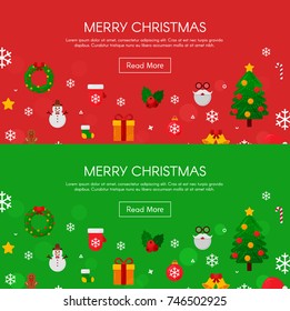 Set of horizontal Christmas banners with flat holiday icons in circles. Vector illustration. New Year concept. Season Greetings.