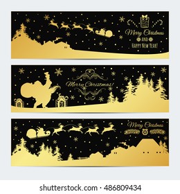 Set of horizontal Christmas banners. Banners with silhouettes of deers, Santa Claus, Christmas trees. Vector illustration.