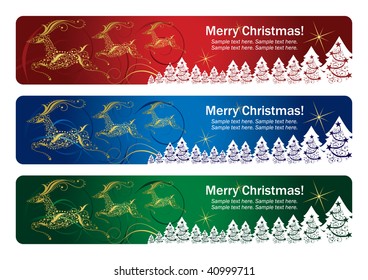 Set of horizontal christmas banners vector with golden deer and tree