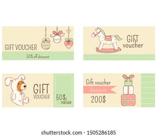 Set of horizontal Christmas gift voucher, label, coupon, sticker in retro romantic style. In green, red and beige pastel colors. Template for decoration, congratulation, invitation. EPS8