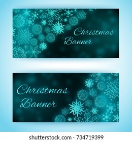 Set of horizontal christmas holiday banners with snowflakes in light and dark blue color flat isolated vector illustration