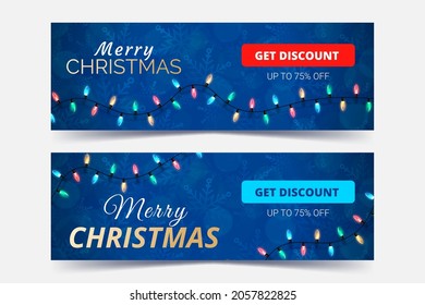 Set of horizontal christmas web banners. Blurred blue background with snowflakes and bokeh. Vector illustration