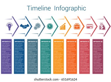 Set horizontal color arrows, template infographic for eight position, options, steps or processes. Business creative concept data visualization.