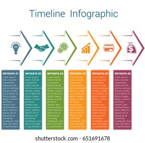 Set horizontal color arrows, template infographic for six position, options, steps or processes. Business creative concept data visualization.