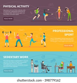 Set of horizontal color banners about different physical activity from professional sport to sedentary work detector vector illustration