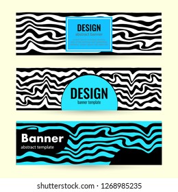 Set Horizontal color banners with blue waves on black background. Design abstract web banners. Universal template for a web site with text. 