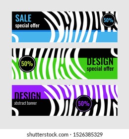 Set Horizontal color banners with white stripes on bright background. Sale special offer. Universal template for a web site with text. Vector illustration.