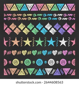 Set of Horizontal Colorful Seamless Borders Chalk Drawn Sketches of Figures and Scribble. Kit of Textural Crayon Drawings of Endless Patterns for Cards, Banners, Covers, Postcards, Envelopes, Forms.