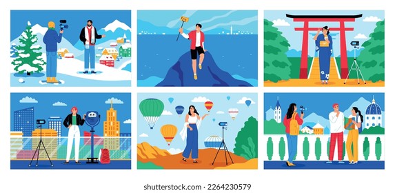 Set with horizontal compositions of outdoor landscapes with sights and human characters shooting on camera recorders vector illustration