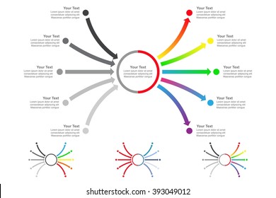 Set of horizontal converging and diverging arrows with text fields on a white background. Vector Infographics