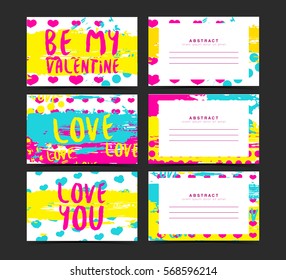Set of horizontal creative cards for Happy Valentine day. Hand Drawn textures. Collection romantic voucher for valentine party. Design for gift card, personalized invitation, brochure, flyer. Vector. 