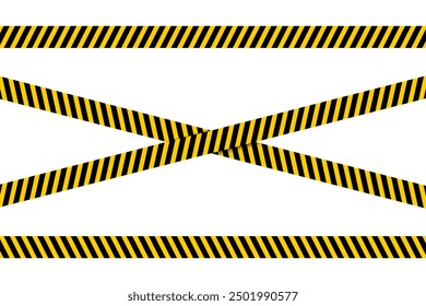 Conjunto de cintas de precaución Horizontales y cruzadas con impresión de barras diagonales en negro y amarillo. Fronteras de advertencia en zona de trabajo de construcción. Señales restringidas, cerradas o de emergencia. Ilustración plana de Vector.