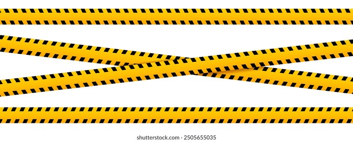 Conjunto de cintas de precaución Horizontales y cruzadas con estampado de atención en negro y amarillo. Fronteras de seguridad para barreras en zona de trabajo de construcción o zona de emergencia. Rayas de advertencia. Ilustración plana de Vector.