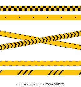 Set of horizontal and crossed caution tapes with attention black and yellow print. Six different types of danger tapes are isolated on a white background. Danger, warning and caution tapes.
