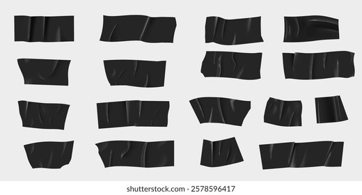 Set of horizontal different size black sticky tape, adhesive wrinkled pieces, torn paper stickers. Vector realistic illustration torn glued ribbon pieces of masking, duct tape, plaster or bandage